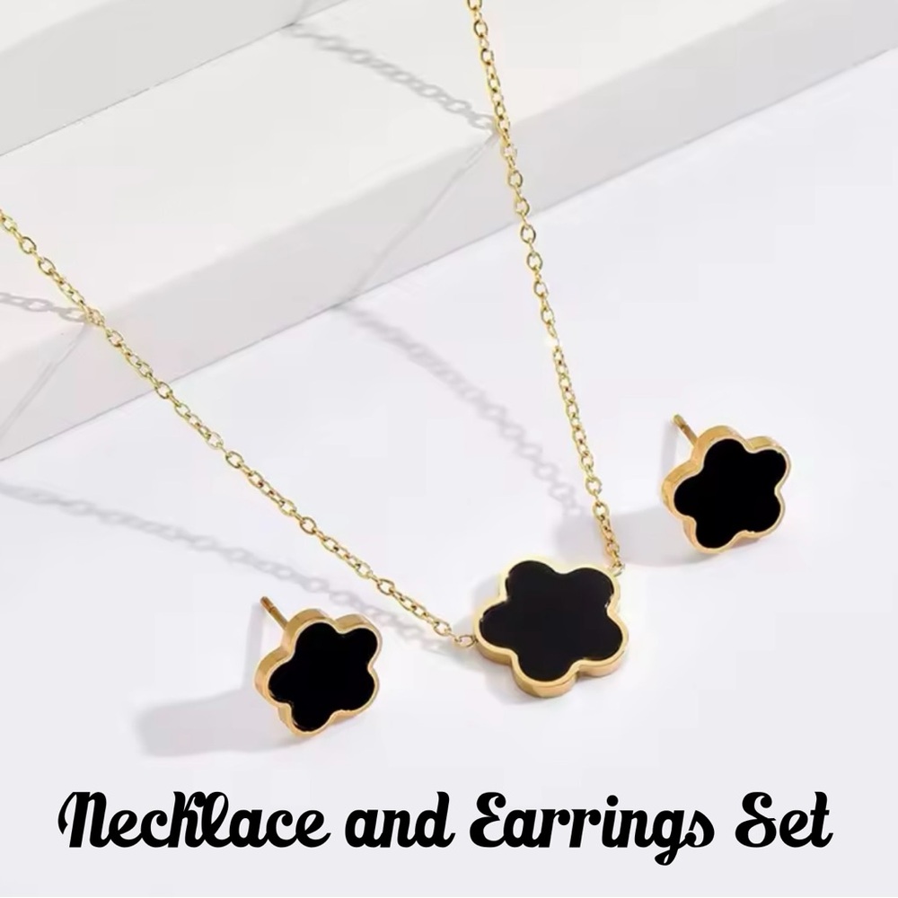 Gold and Black Clover Flower Jewelry Set- Necklace and Post or Stud Earrings-New
